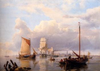約翰內斯 赫曼努斯 庫庫尅 Shipping On The Scheldt With Antwerp In The Background